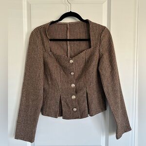 French Style Houndstooth Sweetheart Neck Peplum Blazer Shirt